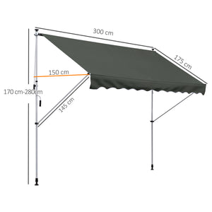 Store banne Manuel rétractable 3L x 1,5l m Auvent Téléscopique sans Perçage Inclinaison et Hauteur réglable Installation Rapide métal alu Polyester Anti-UV Gris