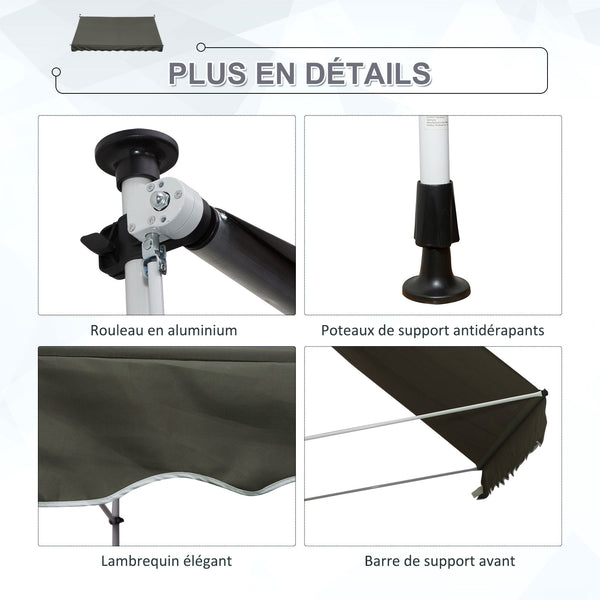 Store banne Manuel rétractable 3L x 1,5l m Auvent Téléscopique sans Perçage Inclinaison et Hauteur réglable Installation Rapide métal alu Polyester Anti-UV Gris