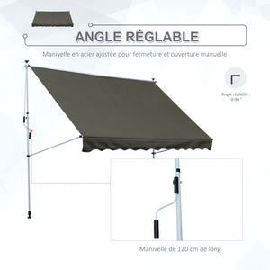 Store banne Manuel rétractable 3L x 1,5l m Auvent Téléscopique sans Perçage Inclinaison et Hauteur réglable Installation Rapide métal alu Polyester Anti-UV Gris