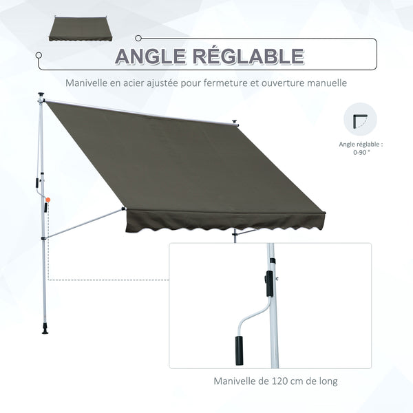 Store banne Manuel rétractable 3L x 1,5l m Auvent Téléscopique sans Perçage Inclinaison et Hauteur réglable Installation Rapide métal alu Polyester Anti-UV Gris