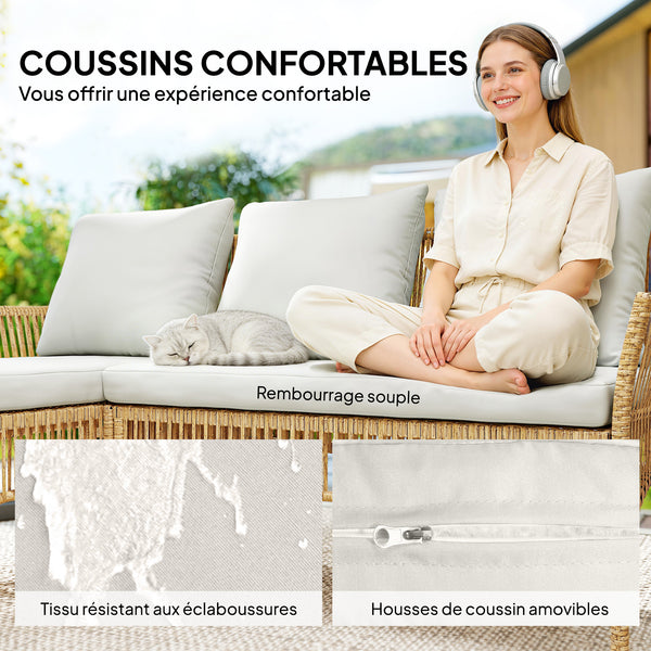 Salon de jardin extérieur d'angle 4 places en résine tressée, canapé 2 places, chaise longue, table basse, plateau en verre trempé et coussins, mobilier de jardin, terrasse, patio, crème