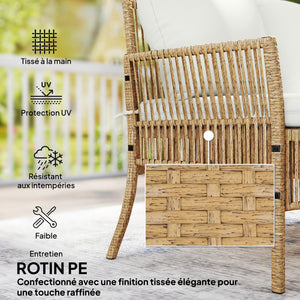 Salon de jardin extérieur d'angle 4 places en résine tressée, canapé 2 places, chaise longue, table basse, plateau en verre trempé et coussins, mobilier de jardin, terrasse, patio, crème