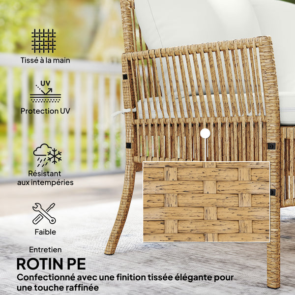 Salon de jardin extérieur d'angle 4 places en résine tressée, canapé 2 places, chaise longue, table basse, plateau en verre trempé et coussins, mobilier de jardin, terrasse, patio, crème