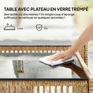 Salon de jardin extérieur d'angle 4 places en résine tressée, canapé 2 places, chaise longue, table basse, plateau en verre trempé et coussins, mobilier de jardin, terrasse, patio, crème