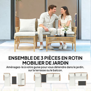 Salon de jardin extérieur d'angle 4 places en résine tressée, canapé 2 places, chaise longue, table basse, plateau en verre trempé et coussins, mobilier de jardin, terrasse, patio, crème