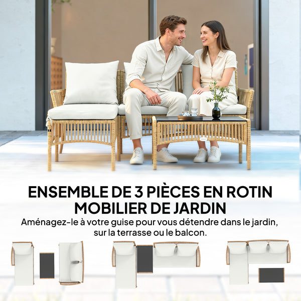 Salon de jardin extérieur d'angle 4 places en résine tressée, canapé 2 places, chaise longue, table basse, plateau en verre trempé et coussins, mobilier de jardin, terrasse, patio, crème