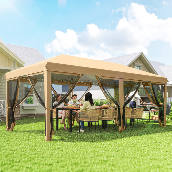 Tonnelle pliante tonnelle de jardin extérieure barnum pliant Pop-up pavillon de terrasse 6 x 3 m Anti-UV moustiquaires amovibles + Sac de Transport Beige
