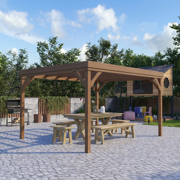 Pergola jardin extérieur 4 x 3 m pergola en bois traditionnelle autoportante avec 4 pieds Toit terrasse à décorer - marron