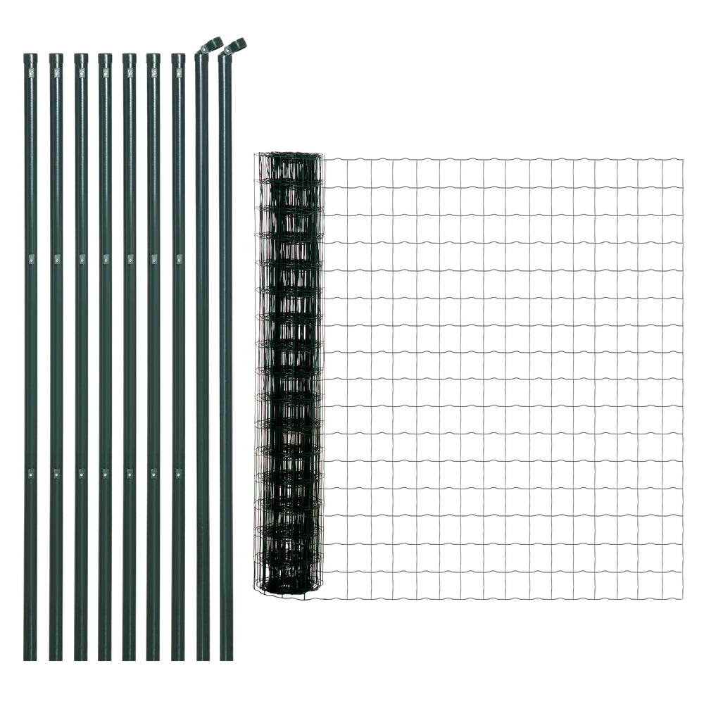 Grillage Rouleau soudé - Maille 7,3L x 6,3l cm - Hauteur 2 m - Longueur 10 m - poteaux, Jambes de Force Inclus - Acier revêtement PVC Vert