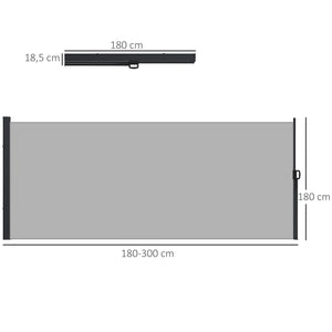 Store latéral Brise-Vue paravent rétractable de jardin dim. 3L x 1,8H m alu. Polyester Anti-UV Haute densité 180 g/m² Gris clair