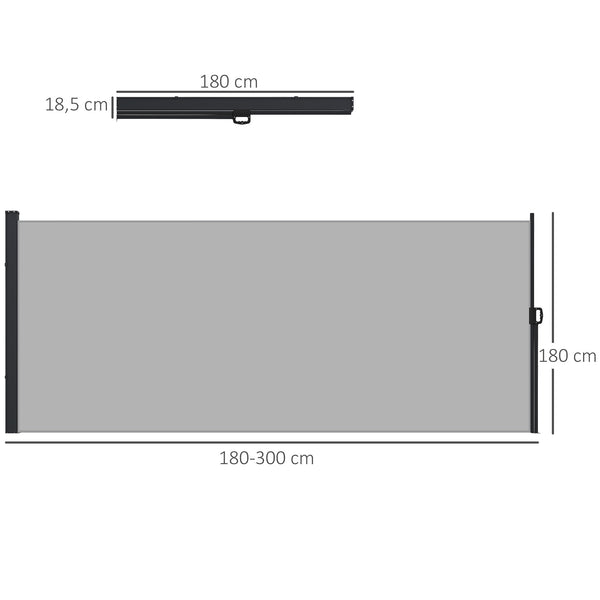 Store latéral Brise-Vue paravent rétractable de jardin dim. 3L x 1,8H m alu. Polyester Anti-UV Haute densité 180 g/m² Gris clair