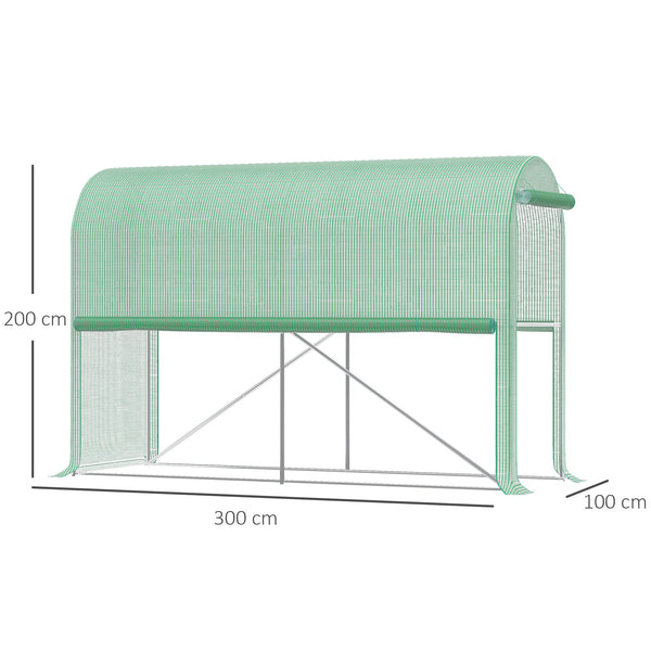 Serre de jardin PE, serre de balcon, bâche renforcée 140 g/m², châssis en acier, porte zippée enroulable, pour légumes plantes fleurs, intérieur et extérieur, 300 x 100 x 200 cm, vert