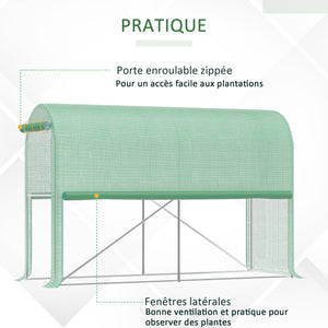 Serre de jardin PE, serre de balcon, bâche renforcée 140 g/m², châssis en acier, porte zippée enroulable, pour légumes plantes fleurs, intérieur et extérieur, 300 x 100 x 200 cm, vert