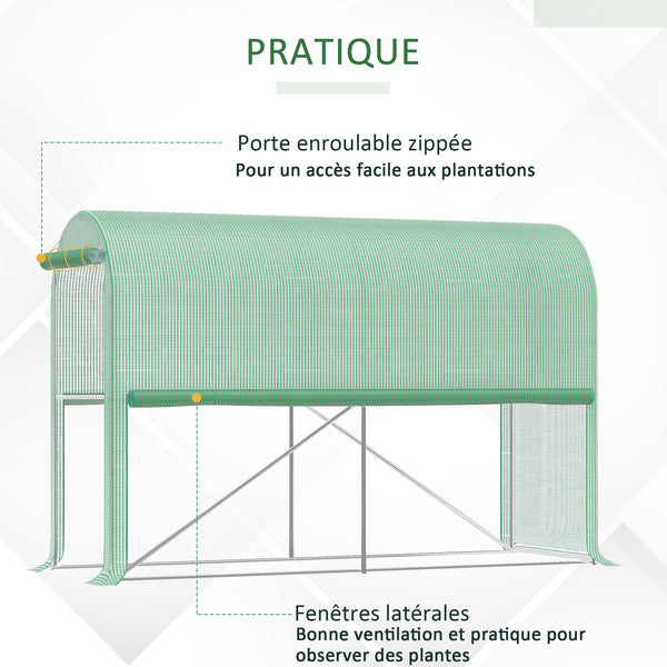 Serre de jardin PE, serre de balcon, bâche renforcée 140 g/m², châssis en acier, porte zippée enroulable, pour légumes plantes fleurs, intérieur et extérieur, 300 x 100 x 200 cm, vert