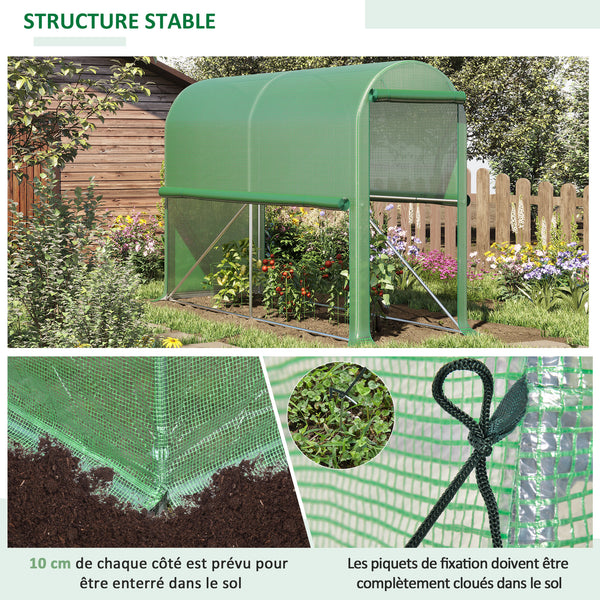 Serre de jardin PE, serre de balcon, bâche renforcée 140 g/m², châssis en acier, porte zippée enroulable, pour légumes plantes fleurs, intérieur et extérieur, 300 x 100 x 200 cm, vert
