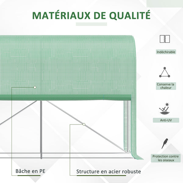 Serre de jardin PE, serre de balcon, bâche renforcée 140 g/m², châssis en acier, porte zippée enroulable, pour légumes plantes fleurs, intérieur et extérieur, 300 x 100 x 200 cm, vert