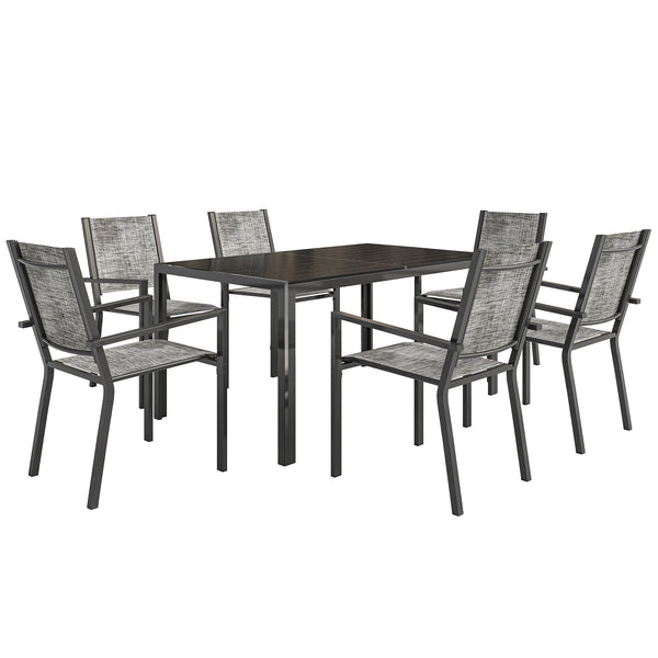 Salon de jardin extérieur 7 pièces, table de jardin extérieure avec 6 chaises empilables, plateau à lattes 150 cm, structure en acier anti-rouille, mobilier de jardin, terrasse, patio, noir