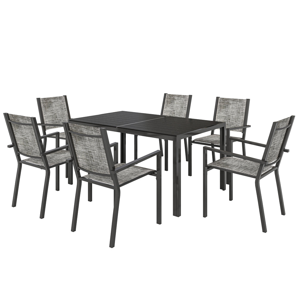 Salon de jardin extérieur 7 pièces, table de jardin extérieure avec 6 chaises empilables, plateau à lattes 150 cm, structure en acier anti-rouille, mobilier de jardin, terrasse, patio, noir