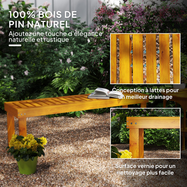 Banc de jardin, banc en bois de pin 2 places, banquette de jardin, assise à lattes, 132 x 34 x 43 cm, bois naturel