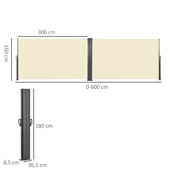 Double Store latéral Brise-Vue paravent rétractable dim. 6L x 1,80H m Polyester Anti-UV Haute densité 180 g/m² Crème