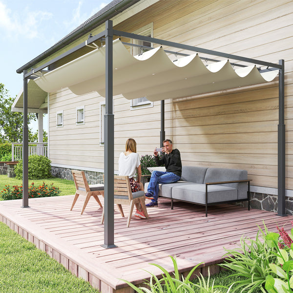 Pergola coulissante rétractable 3 x 3 m pergola jardin exterieur à fixation magnétique, tonnelle de jardin, polyester haute densité 180g/m², abri soleil UPF30+, pour terrasse, patio, crème