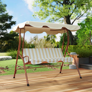 Balancelle de Jardin 3 Places Toit imperméabilisé Inclinaison réglable Coussins Assise Dossier 1,7L x 1,1l x 1,53H m Acier Polyester marron crème rayé