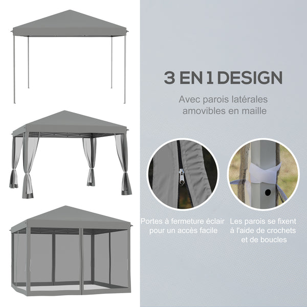 Tonnelle pop-up Barnum Pliant Style Colonial 3 x 3 m 4 moustiquaires + Sac de Transport gris