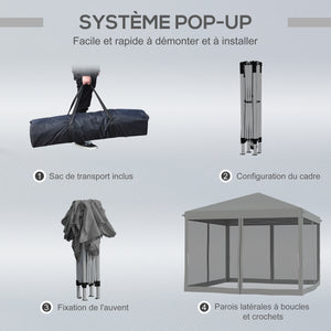 Tonnelle pop-up Barnum Pliant Style Colonial 3 x 3 m 4 moustiquaires + Sac de Transport gris