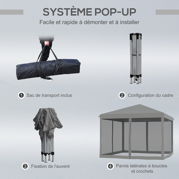 Tonnelle pop-up Barnum Pliant Style Colonial 3 x 3 m 4 moustiquaires + Sac de Transport gris