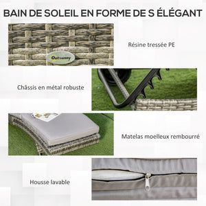 Bain de soleil transat grand confort - dossier inclinable 5 positions roulettes - matelas déhoussable inclus - résine tressée grise
