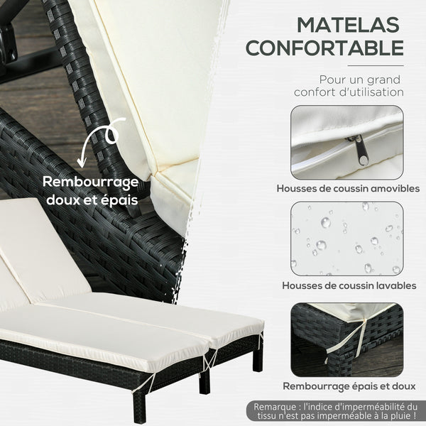 Bain de soleil transat 2 places - grand confort - dossier inclinable multi-positions - matelas fournis crème - résine tressée 4 fils noir
