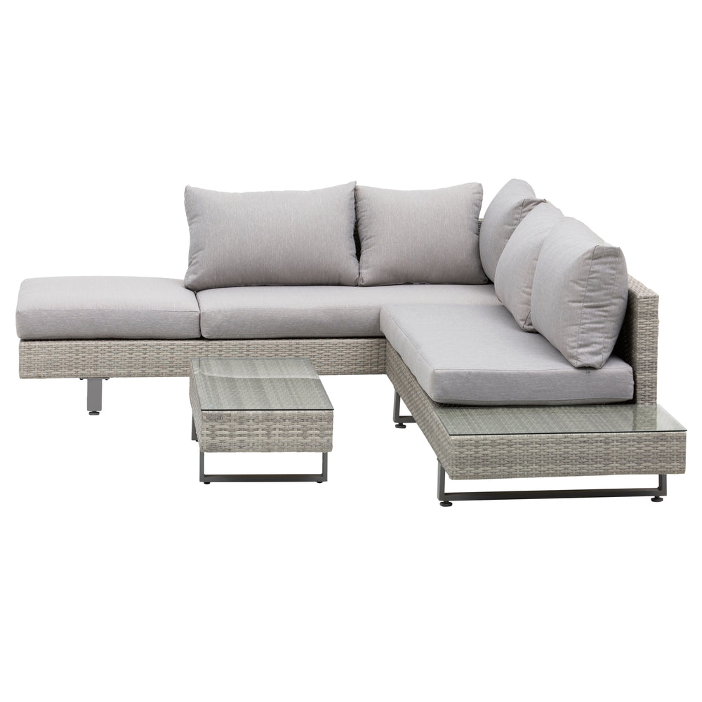 Salon de jardin extérieur d'angle 5 places design contemporain coussins déhoussables table basse acier époxy résine tressée grise