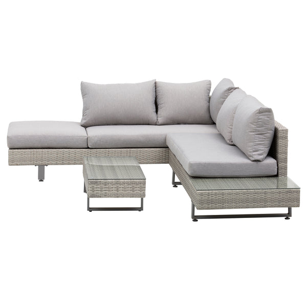 Salon de jardin extérieur d'angle 5 places design contemporain coussins déhoussables table basse acier époxy résine tressée grise