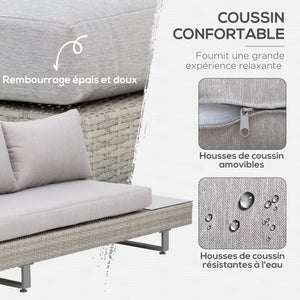 Salon de jardin extérieur d'angle 5 places design contemporain coussins déhoussables table basse acier époxy résine tressée grise