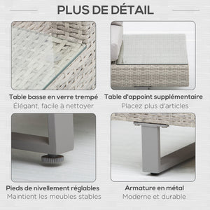 Salon de jardin extérieur d'angle 5 places design contemporain coussins déhoussables table basse acier époxy résine tressée grise