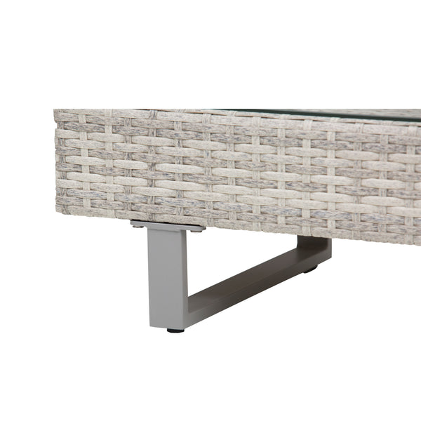 Salon de jardin extérieur d'angle 5 places design contemporain coussins déhoussables table basse acier époxy résine tressée grise