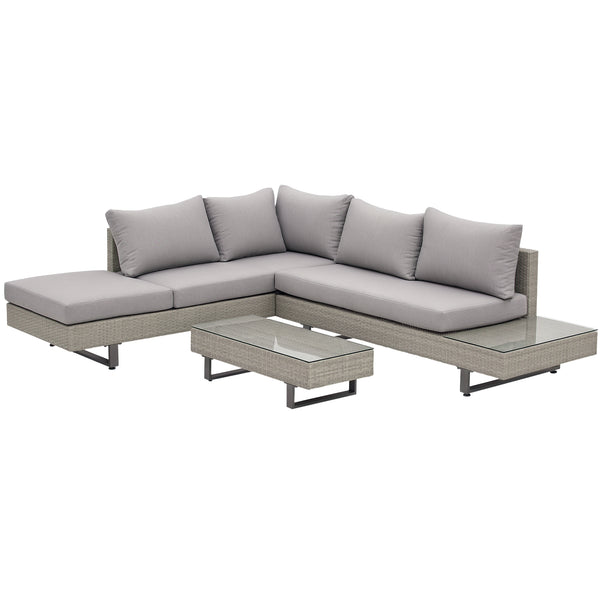 Salon de jardin extérieur d'angle 5 places design contemporain coussins déhoussables table basse acier époxy résine tressée grise