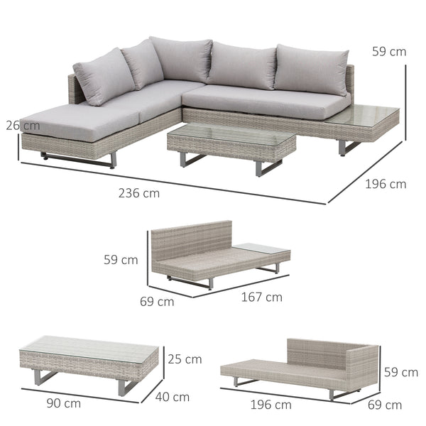 Salon de jardin extérieur d'angle 5 places design contemporain coussins déhoussables table basse acier époxy résine tressée grise
