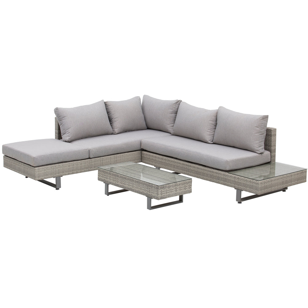 Salon de jardin extérieur d'angle 5 places design contemporain coussins déhoussables table basse acier époxy résine tressée grise