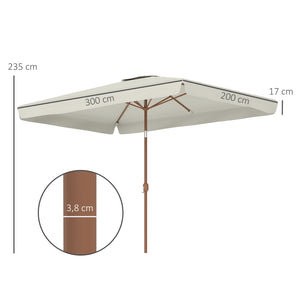 Parasol de jardin extérieur rectangulaire 200 x 300 cm, parasol inclinable 6 baleines en aluminium, tissu polyester 180g/m² protection UV avec manivelle, pour balcon jardin terrasse, crème