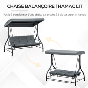 Balancelle de Jardin 3 Places Convertible Inclinaison Toit réglable Matelas Grand Confort Rembourrage 7 cm fourni Gris métal époxy Noir