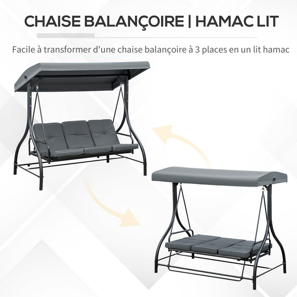 Balancelle de Jardin 3 Places Convertible Inclinaison Toit réglable Matelas Grand Confort Rembourrage 7 cm fourni Gris métal époxy Noir
