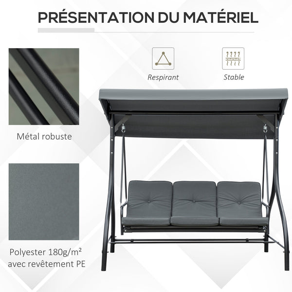 Balancelle de Jardin 3 Places Convertible Inclinaison Toit réglable Matelas Grand Confort Rembourrage 7 cm fourni Gris métal époxy Noir