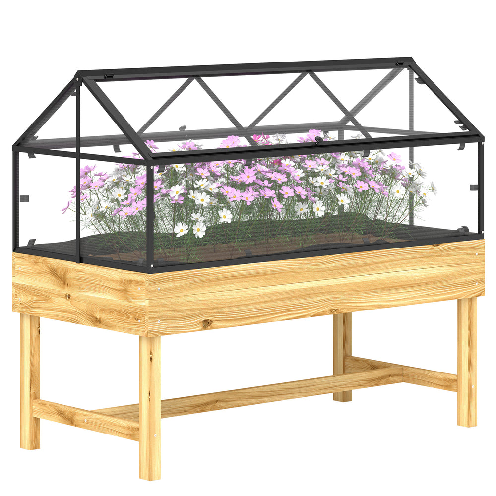 Mini Serre sur Pieds - jardinière surélevée - dim.  120L x 60l x 103H cm - double toit ouvrable Panneaux de Polycarbonate, acier, Bois Sapin traité
