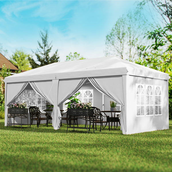 Tonnelle de jardin pliante 6 x 3 m tonnelle de jardin extérieure barnum pliant pop-up imperméabilisé 4 parois latérales amovibles 4 fenêtres + sac de transport blanc