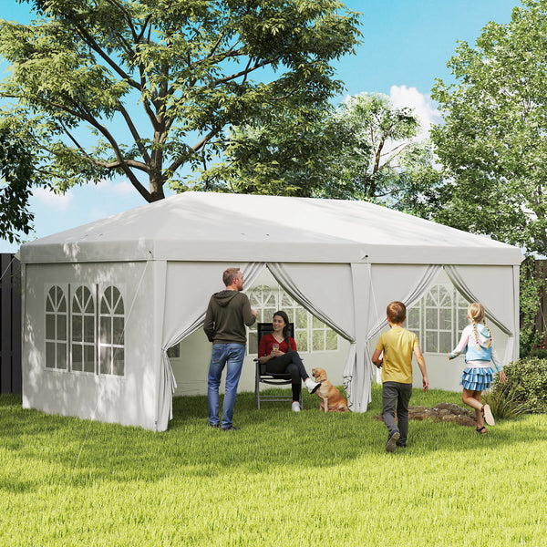 Tonnelle de jardin pliante 6 x 3 m tonnelle de jardin extérieure barnum pliant pop-up imperméabilisé 4 parois latérales amovibles 4 fenêtres + sac de transport blanc