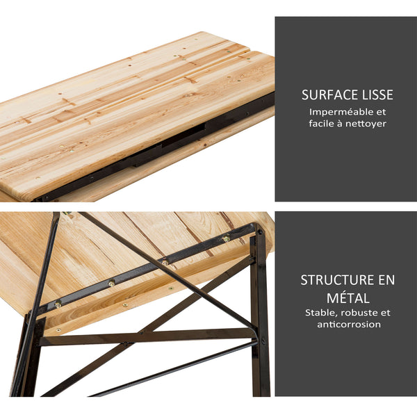 Table de Camping Pique-Nique Pliable Portable + 2 bancs Pliables métal époxy Noir Bois Massif Sapin