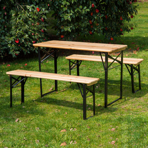 Table de Camping Pique-Nique Pliable Portable + 2 bancs Pliables métal époxy Noir Bois Massif Sapin