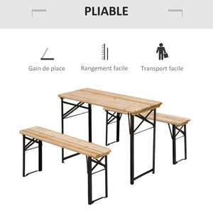 Table de Camping Pique-Nique Pliable Portable + 2 bancs Pliables métal époxy Noir Bois Massif Sapin