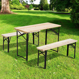 Table de Camping Pique-Nique Pliable Portable + 2 bancs Pliables métal époxy Noir Bois Massif Sapin
